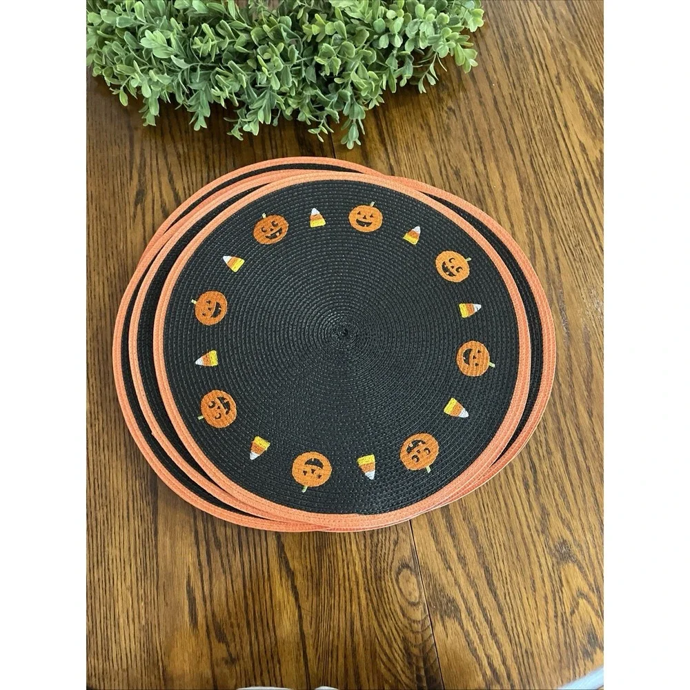 4 Pcs round Halloween Placemats Embroidered Pumpkin Candy Corn Place Mats 15
